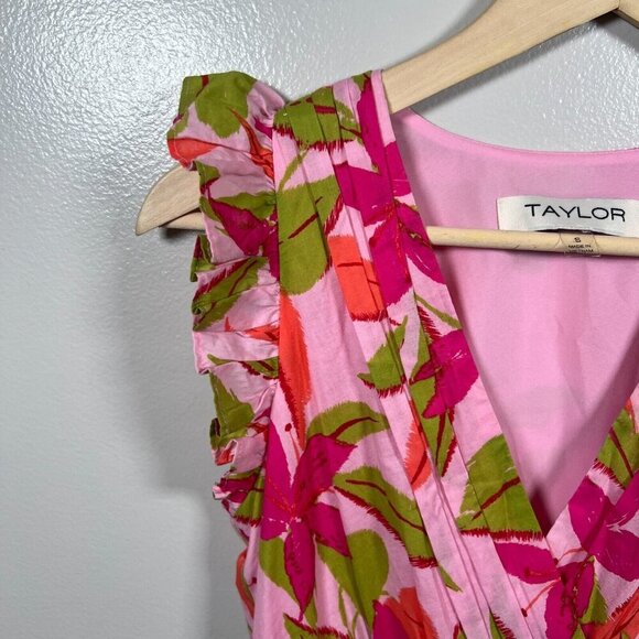 Taylor Lawn Mini Dress Size Small Pink Floral Tropical Vacation Resort Flutter - Picture 6 of 12